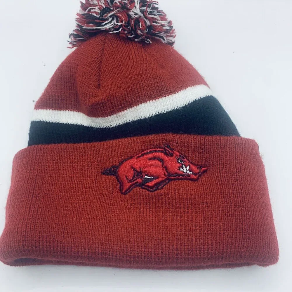 Arkansas Razorbacks NCAA Striped Pom Beanie Winter Hat Red Black White YOUTH